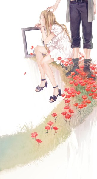 Anime picture 636x1174 with original sumishuu long hair tall image blonde hair simple background white background sitting eyes closed puffy sleeves hand on head framed crying girl dress boy flower (flowers) plant (plants) petals white dress