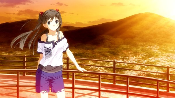 Anime picture 1024x576 with suigetsu 2 long hair black hair wide image twintails game cg black eyes evening sunset mountain girl shorts