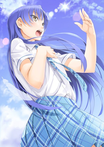 Anime picture 827x1169 with idolmaster kisaragi chihaya miri (ago550421) single long hair tall image blush open mouth yellow eyes blue hair rough time school girl skirt uniform school uniform shirt necktie blue skirt