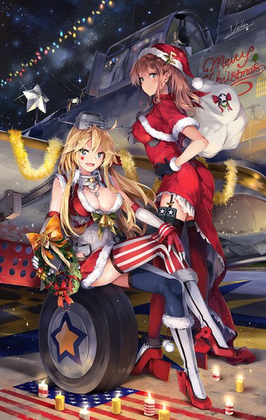 Anime picture 952x1500 with kantai collection iowa (kantai collection) saratoga (kantai collection) neko (yanshoujie) long hair tall image blush open mouth blue eyes blonde hair brown hair multiple girls bent knee (knees) outdoors sparkle fur trim christmas girl thighhighs dress