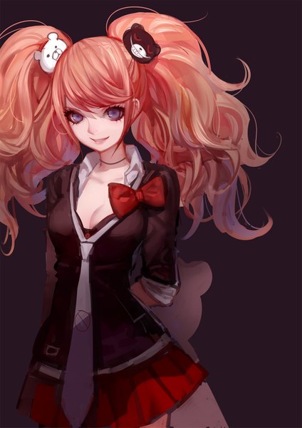 Anime picture 1200x1697 with dangan ronpa enoshima junko monokuma ask (askzy) single long hair tall image looking at viewer blue eyes smile twintails orange hair girl skirt hair ornament bow miniskirt necktie red skirt