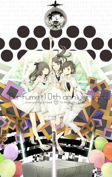 Anime picture 1267x2000 with perfume (group) ayano omoto (nocchi) yuka kashino (kashiyuka) ayaka ishiwaki (a-chan) yoshito (u10) long hair tall image multiple girls one eye closed wink black eyes anniversary girl dress shoes 3 girls pants balloon disco ball