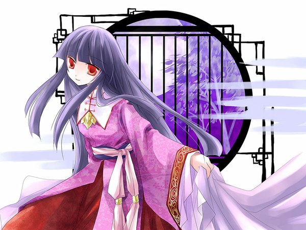 Anime picture 1024x768 with touhou houraisan kaguya asahina single long hair looking at viewer fringe red eyes purple hair blunt bangs traditional clothes light smile girl
