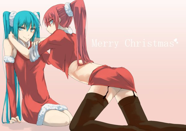 Anime picture 1637x1157 with vocaloid hatsune miku megurine luka kyouya (mukuro238) long hair twintails bare shoulders multiple girls ponytail red hair aqua eyes aqua hair fur trim christmas merry christmas girl thighhighs black thighhighs 2 girls detached sleeves