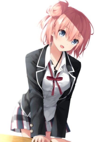 Anime picture 600x850 with yahari ore no seishun love comedy wa machigatteiru. brains base (studio) yuigahama yui haribote (tarao) single tall image looking at viewer short hair open mouth blue eyes simple background white background pink hair head tilt leaning leaning forward untied girl skirt uniform