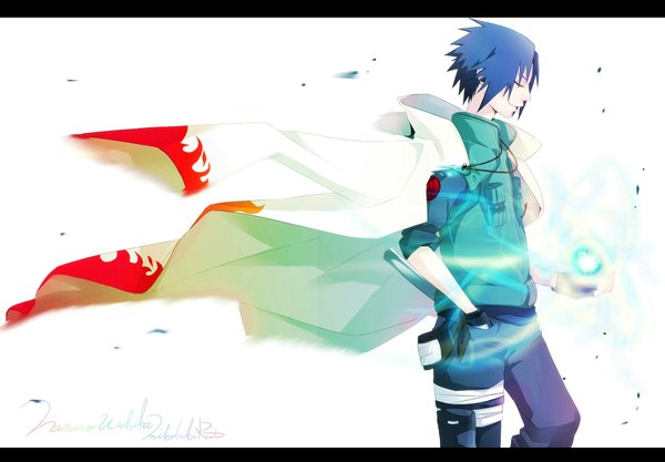 Anime picture 2300x1600 with naruto studio pierrot naruto (series) uchiha sasuke single highres short hair simple background white background blue hair eyes closed profile hands in pockets boy gloves cloak bandage (bandages)