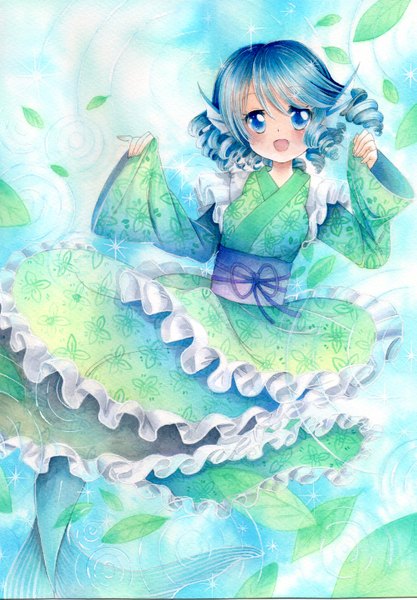 Anime picture 1043x1500 with touhou wakasagihime mosho single tall image looking at viewer blush short hair open mouth blue eyes blue hair traditional clothes japanese clothes drill hair traditional media watercolor (medium) girl water leaf (leaves) mermaid