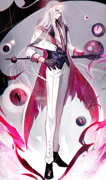Anime picture 1000x1687 with original juexing (moemoe3345) single long hair tall image smile standing holding looking away silver hair full body pink eyes pointy ears fur trim hand on hip torn clothes abstract boy gloves weapon