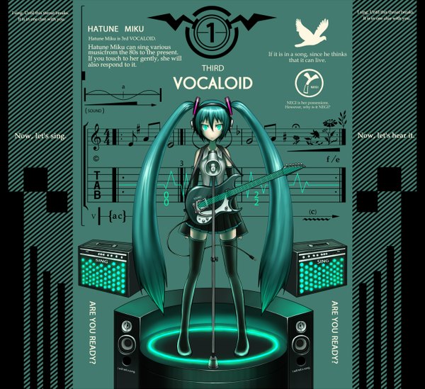 Anime picture 1300x1191 with vocaloid hatsune miku gia single long hair blue eyes twintails blue hair inscription girl pantyhose headphones microphone guitar microphone stand