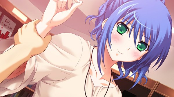 Anime picture 1024x576 with primary step blush short hair wide image green eyes blue hair game cg girl