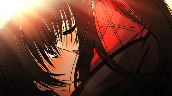 Anime picture 1280x720 with nemureru hana wa haru o matsu (game) long hair blush black hair red eyes wide image game cg kiss french kiss girl boy