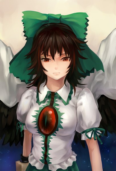 Anime picture 1000x1471 with touhou reiuji utsuho single tall image looking at viewer short hair red eyes brown hair lips starry sky print girl dress bow hair bow wings