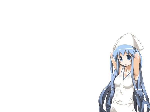 Anime picture 1600x1200 with shinryaku! ika musume shinryaku! ikamusume ika musume ikamusume long hair open mouth blue eyes simple background white background blue hair armpit (armpits) arms behind head girl