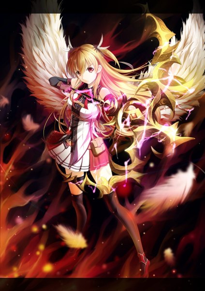 Anime picture 2000x2828 with eiyuu densetsu falcom (studio) alisa leinfort lancefate single long hair tall image looking at viewer fringe highres breasts blonde hair red eyes large breasts standing bare shoulders high heels two side up letterboxed white wings
