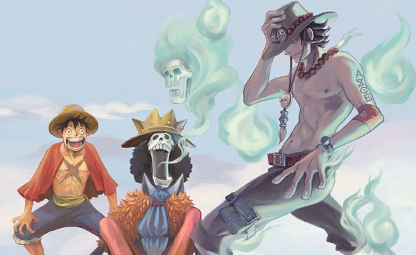 Anime picture 1100x676 with one piece toei animation monkey d. luffy portgas d. ace brook (one piece) koga short hair open mouth black hair smile wide image sky cloud (clouds) profile multiple boys tattoo scar group ghost skeleton