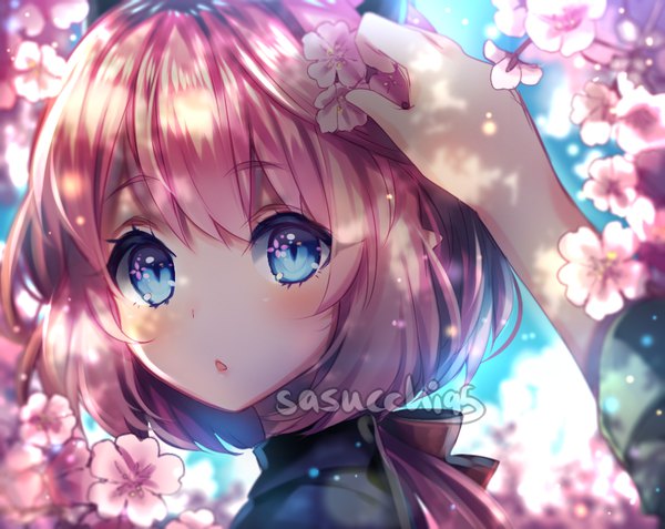 Anime picture 896x713 with original sasucchi95 long hair looking at viewer fringe blue eyes signed animal ears pink hair upper body parted lips hair flower cat ears :o cherry blossoms solo focus close-up low ponytail slit pupils pov