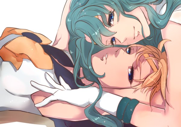 Anime picture 1280x900 with bishoujo senshi sailor moon toei animation kaiou michiru tenou haruka sailor neptune sailor uranus jun (anna19791220) long hair looking at viewer fringe short hair breasts blue eyes blonde hair multiple girls green eyes light smile lips armpit (armpits) girl