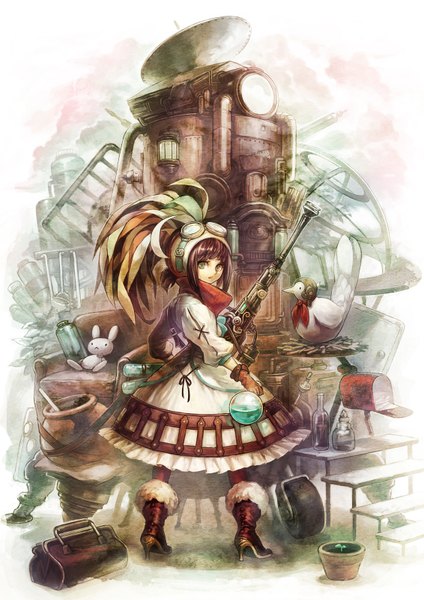 Anime picture 1132x1600 with original uroko (mnr) tall image short hair brown hair looking back aqua eyes goggles on head girl dress gloves plant (plants) animal bird (birds) toy bag stuffed animal bottle goggles armchair