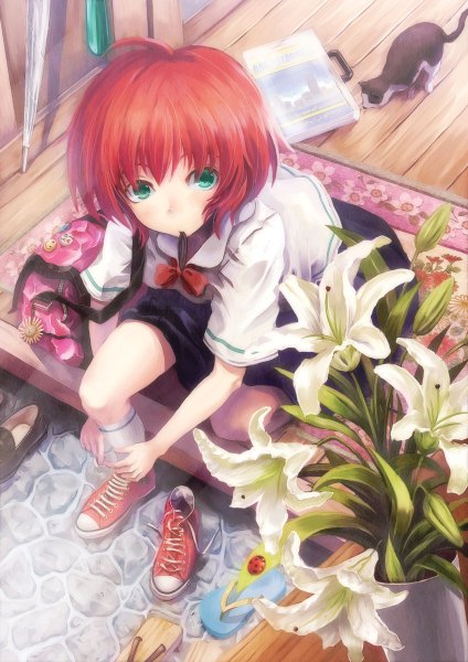 Anime picture 848x1200 with original hyuuga azuri tall image looking at viewer blush short hair green eyes red hair girl uniform flower (flowers) school uniform animal shirt socks white socks cat sneakers lily (flower)