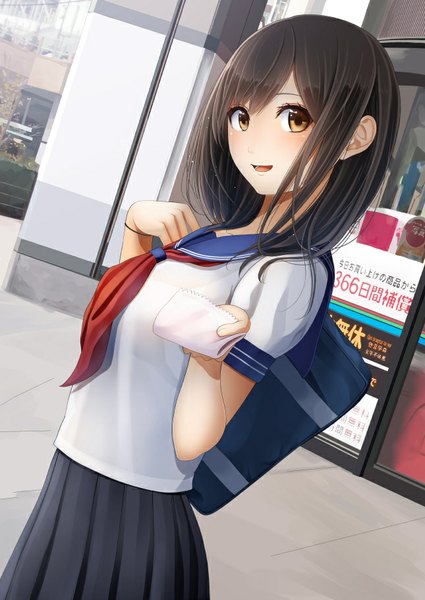 Anime picture 645x911 with original kentaurosu single long hair tall image looking at viewer blush fringe open mouth smile brown hair standing holding brown eyes upper body outdoors pleated skirt sunlight street product placement