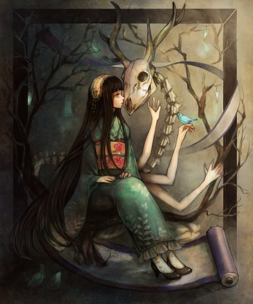 Anime picture 1000x1200 with original clona single long hair tall image black hair sitting looking away long sleeves traditional clothes profile horn (horns) framed girl plant (plants) animal tree (trees) bird (birds) skull scroll