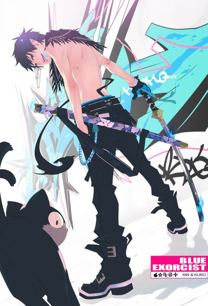 Anime picture 1223x1800 with ao no exorcist a-1 pictures okumura rin kuro (ao no exorcist) monq (artist) tall image short hair blue eyes black hair looking back pointy ears back glowing demon tail hand in pocket gloves weapon animal sword tongue