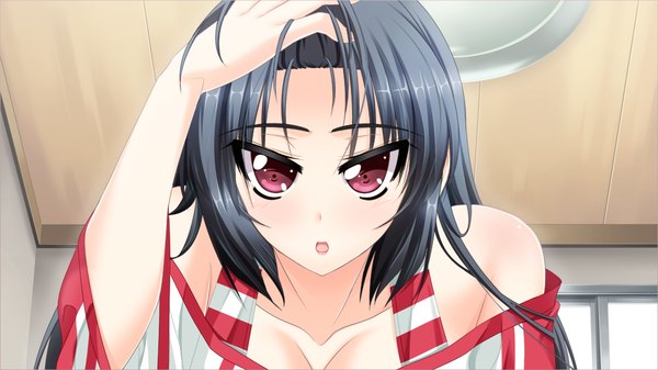Anime picture 1024x576 with mirai wa kimi ni koishiteru long hair open mouth black hair red eyes wide image bare shoulders game cg girl