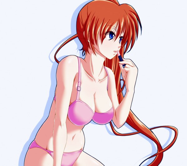 Anime picture 1797x1600 with mahou shoujo lyrical nanoha takamachi nanoha tappa (esperanza) single long hair highres breasts open mouth blue eyes light erotic simple background white background looking away red hair underwear only side ponytail girl underwear panties lingerie