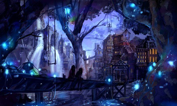 Anime picture 1850x1108 with original tamago yanagi long hair highres wide image sitting multiple girls sky cloud (clouds) bent knee (knees) city cityscape waterfall girl 2 girls plant (plants) tree (trees) water insect building (buildings)