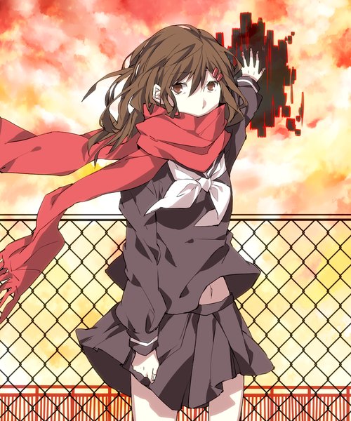 Anime picture 1000x1200 with kagerou project shaft (studio) tateyama ayano manako (manatera) single long hair tall image looking at viewer brown hair standing brown eyes sky pleated skirt evening girl skirt navel uniform hair ornament serafuku