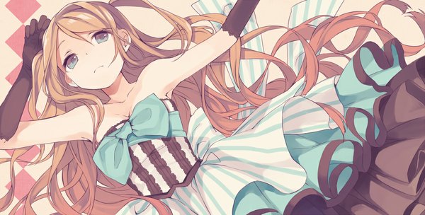 Anime picture 1019x517 with original buuta single long hair brown hair wide image bare shoulders looking away lying grey eyes girl dress gloves bow ribbon (ribbons) black gloves elbow gloves frills