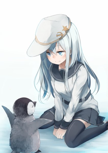 Anime picture 600x848 with kantai collection hibiki destroyer verniy destroyer makihitsuji roll okashi long hair tall image fringe blue eyes smile sitting blue hair bent knee (knees) pleated skirt kneeling wariza hammer and sickle thighhighs skirt black thighhighs