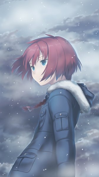 Anime picture 642x1148 with darker than black studio bones suou pavlichenko nanakusa single tall image short hair blue eyes cloud (clouds) red hair snowing winter girl jacket