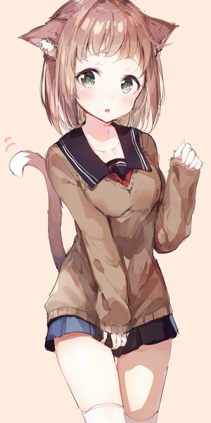 Anime picture 1025x2048 with original umibouzu (niito) single tall image looking at viewer blush fringe short hair open mouth simple background brown hair standing green eyes animal ears tail animal tail pleated skirt cat ears :o cat girl