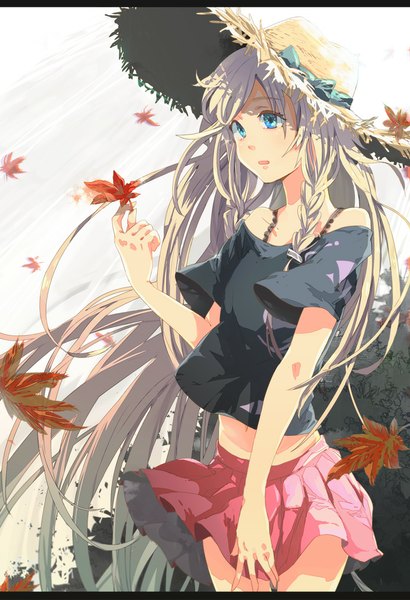 Anime picture 750x1097 with vocaloid ia (vocaloid) gon (gororingo) single tall image fringe blonde hair standing braid (braids) very long hair pleated skirt aqua eyes wind twin braids girl skirt navel bow ribbon (ribbons) hat