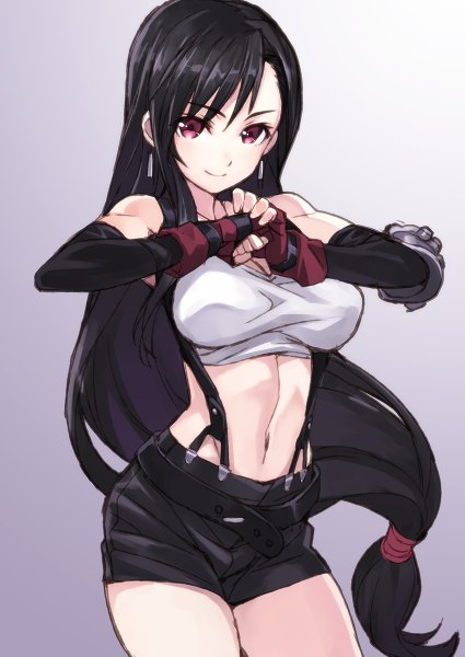 Anime picture 850x1200 with final fantasy final fantasy vii square enix tifa lockhart matsuryuu single long hair tall image looking at viewer black hair simple background pink eyes bare belly midriff girl skirt gloves navel earrings miniskirt