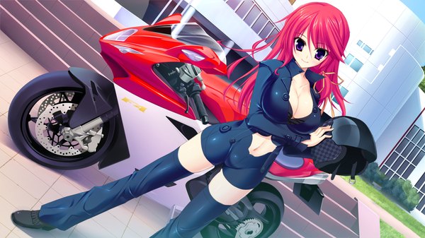 Anime picture 1280x720 with strawberry feels long hair breasts light erotic wide image large breasts purple eyes game cg red hair girl navel bodysuit helmet motorcycle motorcycle helmet