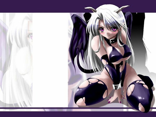 Anime picture 1024x768 with kikurage (plastic people) single blush light erotic simple background purple eyes white hair tail nail polish pink eyes horn (horns) sweat kneeling torn clothes underboob sweatdrop demon tail demon wings girl thighhighs