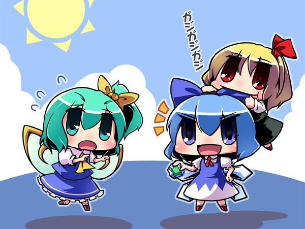 Anime picture 1200x903 with touhou cirno rumia daiyousei sayuu hanten chibi bite girl frog