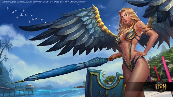 Anime picture 1920x1080 with heroes of newerth beach babe valkyrie mickyoko (mictones) single long hair looking at viewer highres breasts blue eyes light erotic blonde hair wide image holding signed sky cleavage cloud (clouds) inscription from below copyright name