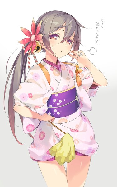 Anime picture 1080x1720 with kantai collection akebono destroyer gayarou single long hair tall image looking at viewer blush fringe open mouth standing white background purple eyes ponytail traditional clothes japanese clothes hair flower grey hair inscription sweat