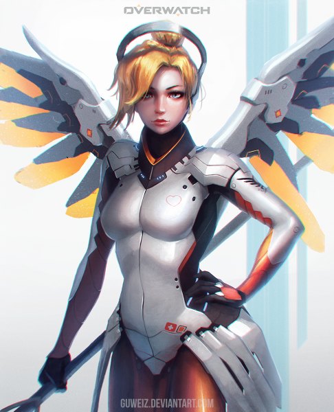 Anime picture 972x1200 with overwatch blizzard entertainment mercy (overwatch) guweiz single tall image looking at viewer short hair breasts blue eyes blonde hair hand on hip lipstick red lipstick mechanical wings girl wings suit mechanical halo