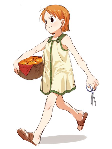 Anime picture 2048x2732 with one piece toei animation nami (one piece) 4myaku1 single tall image highres short hair simple background white background looking away full body black eyes orange hair sleeveless alternate age younger girl dress sundress
