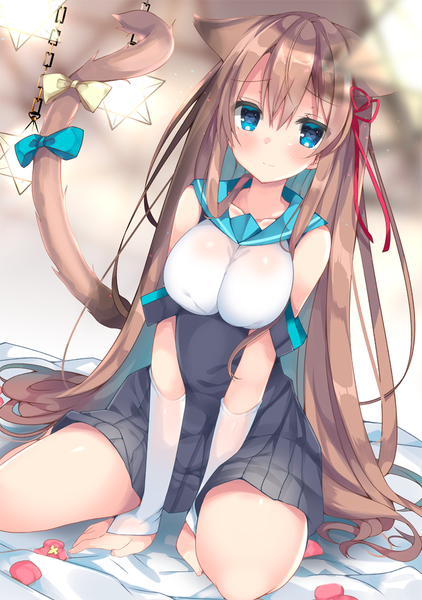 Anime picture 703x1000 with original satsuki mayuri single long hair tall image looking at viewer blush fringe breasts light erotic hair between eyes brown hair large breasts sitting animal ears tail animal tail aqua eyes cat ears cat girl