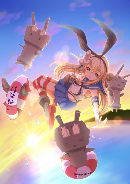 Anime picture 706x1000 with kantai collection shimakaze destroyer rensouhou-chan gurande (g-size) long hair tall image looking at viewer open mouth blonde hair sky black eyes evening sunset girl thighhighs skirt gloves bow weapon hair bow