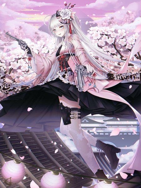 Anime picture 1500x2000 with original cecil86 single long hair tall image looking at viewer blush fringe open mouth blue eyes smile standing holding sky silver hair cloud (clouds) full body ahoge blunt bangs traditional clothes