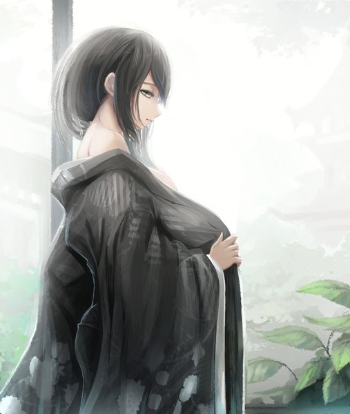 Anime picture 849x1006 with original kikivi single long hair tall image light erotic black hair looking away traditional clothes japanese clothes profile black eyes girl kimono leaf (leaves)