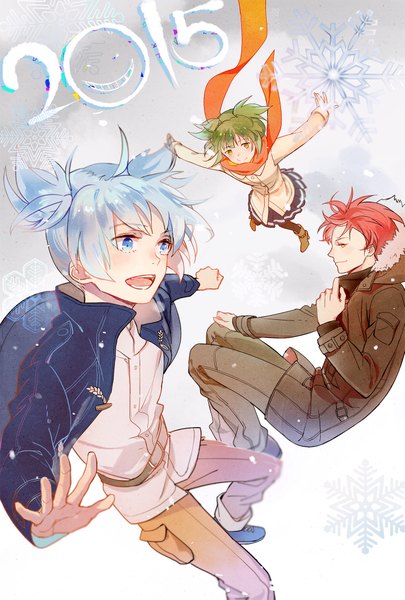 Anime picture 1345x1991 with ansatsu kyoushitsu shiota nagisa akabane karma kayano kaede 321wei tall image short hair open mouth blue eyes smile red eyes yellow eyes blue hair red hair green hair light smile open clothes open jacket multiple boys snowing