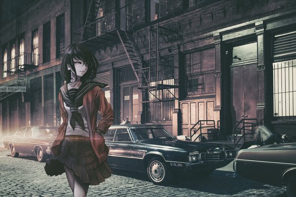 Anime picture 1200x800 with destro 246 ichigo manryou koh (minagi kou) our happiness single fringe short hair black hair signed looking away outdoors pleated skirt night walking hands in pockets photo background girl skirt uniform glasses
