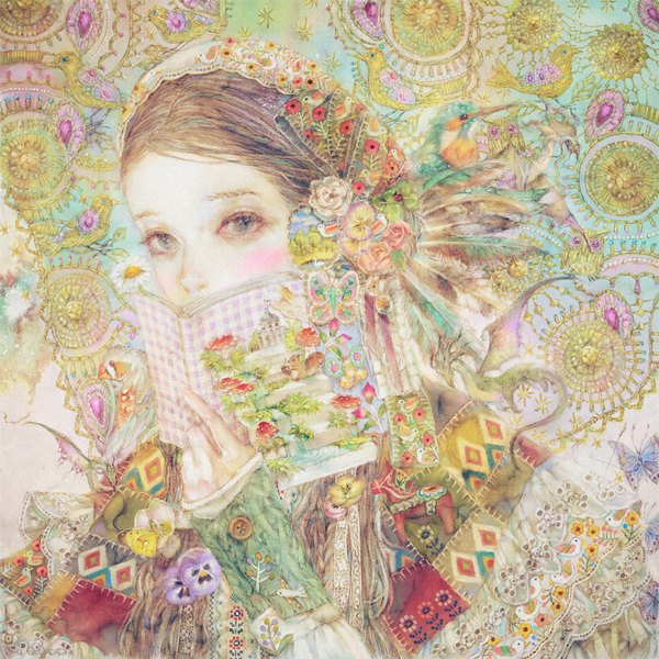 Anime picture 1102x1102 with original yogisya single long hair looking at viewer brown hair holding hair flower grey eyes fantasy girl hair ornament flower (flowers) animal boots bird (birds) feather (feathers) dragon owl pansy